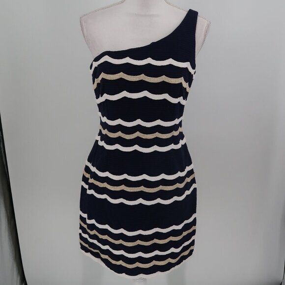 Lilly Pulitzer One Shoulder Blue White Gold Dress Size 8